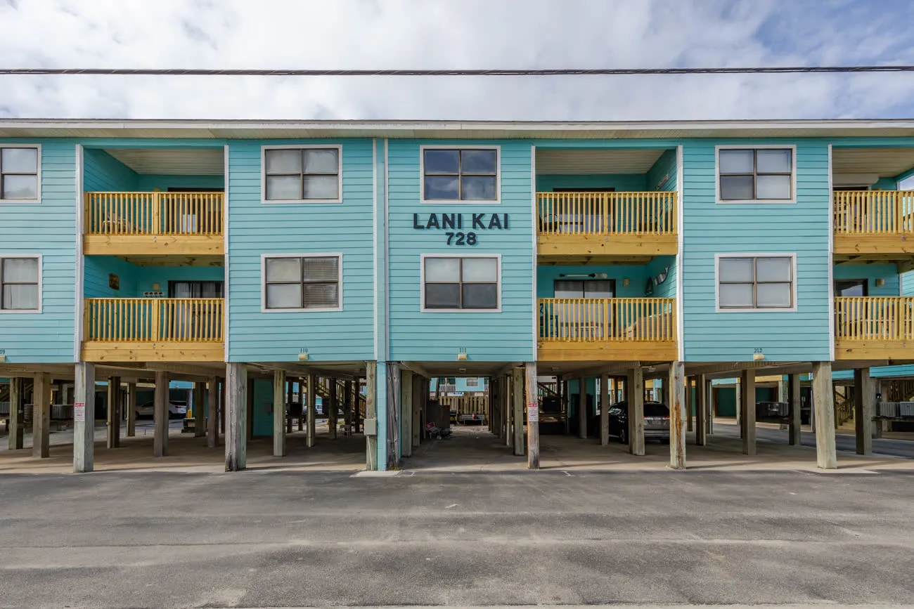 Front of Lani Kai 728 building with covered parking
