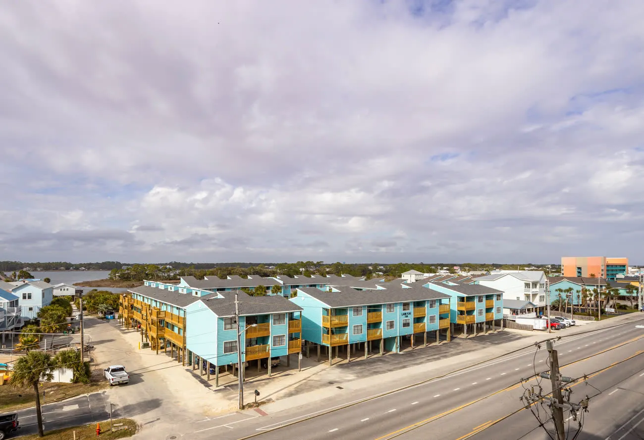 Aerial view of Lani Kai complex with the lagoon behind