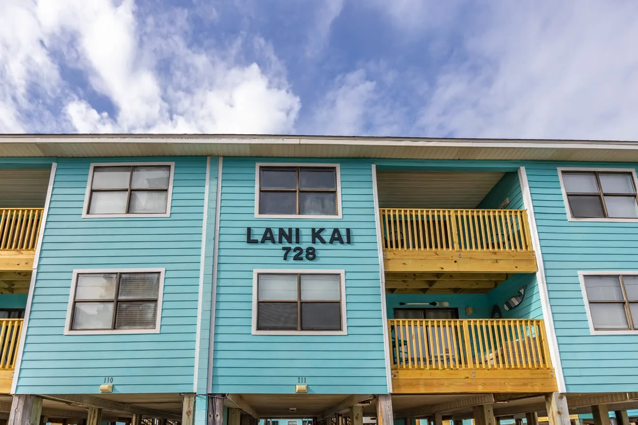 Close-up of Lani Kai 728 sign and building exterior